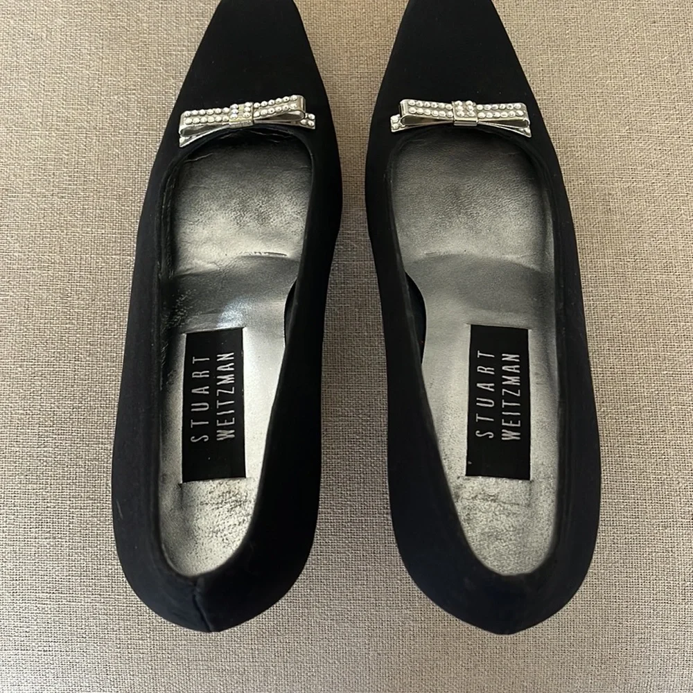 - EUC Stuart Weitzman black pumps with rhinestones Bow square toe size 5B